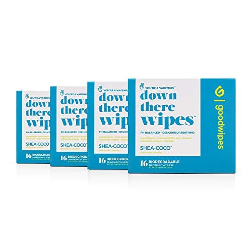 Book Cover Goodwipes Down There Feminine Hygiene Wipes, Shea-Coco Scent, Individually Wrapped, Perfect for Travel, Flushable, PH Balanced and Hypoallergenic, 64 Individually Wrapped (4 Packs of 16)