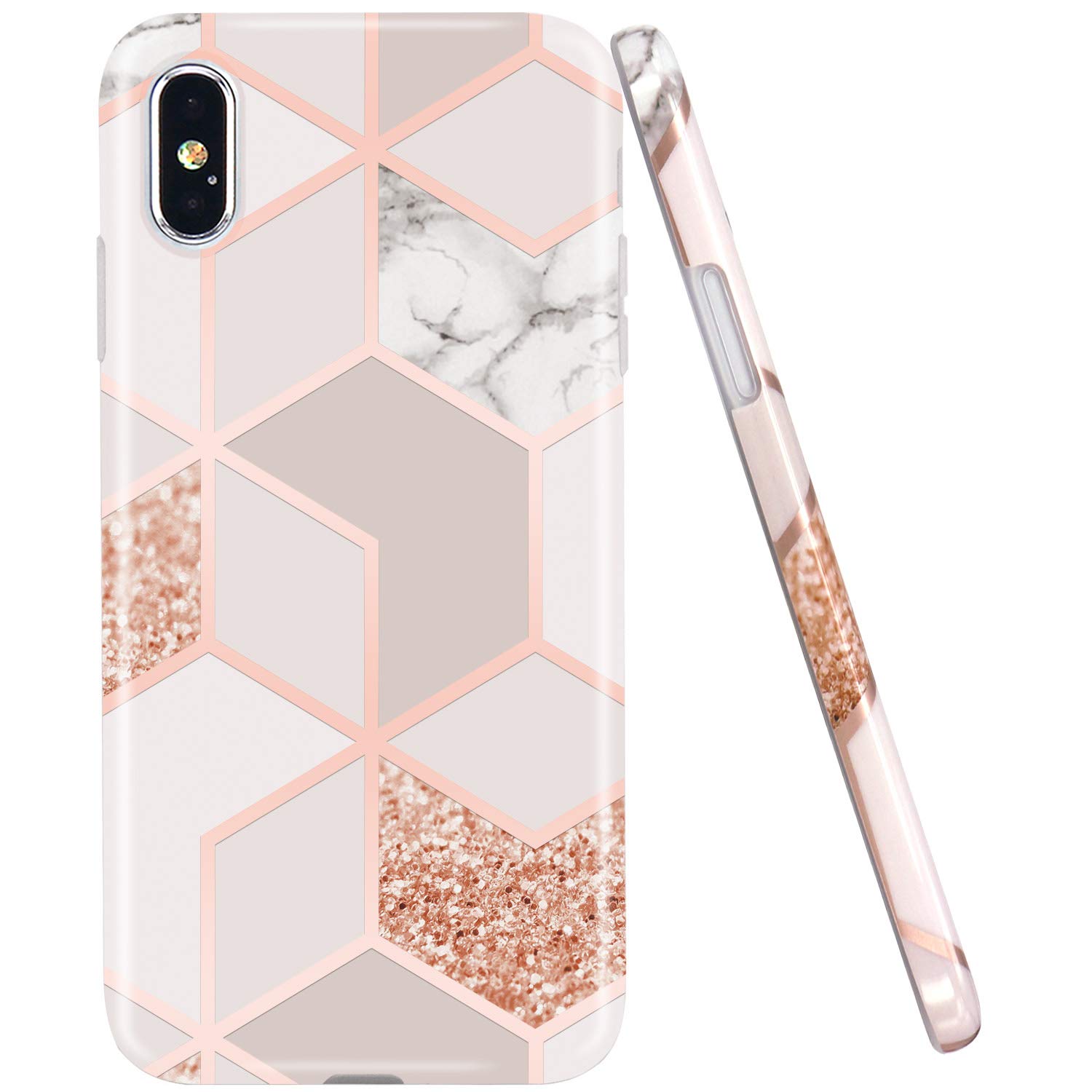 Book Cover JAHOLAN Compatible iPhone X Case iPhone Xs Stylish Shiny Rose Gold Marble Design Clear Bumper Glossy TPU Soft Rubber Silicone Cover Phone Case