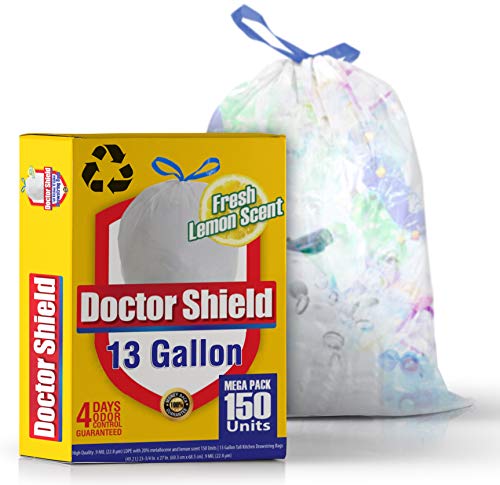 Book Cover 13 Gallon Trash Bag Garbage Bag Kitchen Trash Can Liners for Dumpster Bin 150 Count - Strong White Drawstring Odor Shield Bags for Refuse Disposal