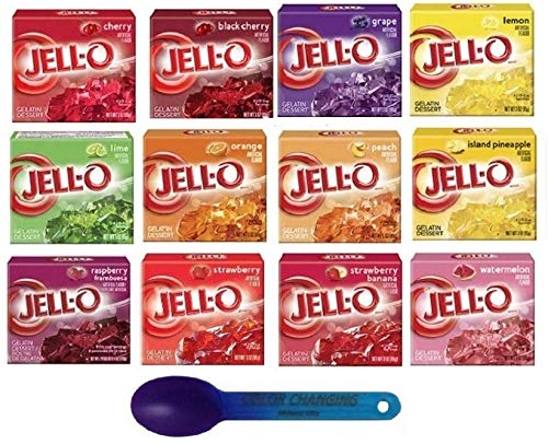 Book Cover Jell-O Gelatin Sampler Bundle-Pack of 12 Different Flavors 3oz Boxes With Color Changing Spoon-13 Items Total