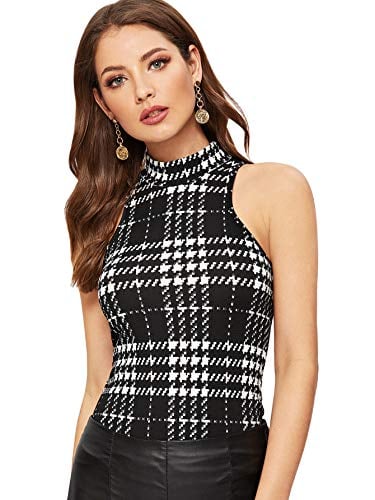 Book Cover Romwe Women's Sleeveless Slim Fit Mock Neck Stretchy Basic Plaid Tank Top