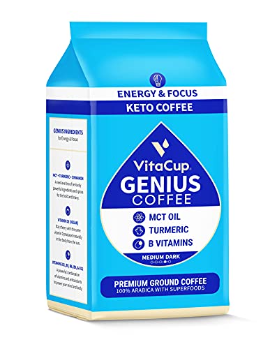 Book Cover VitaCup Genius Keto Ground Coffee with MCT Oil, Turmeric, & Vitamins B1, B5, B6, B9, B12, D3 for Energy & Focus, Drip Coffee Brewers and French Press, 12 Ounces