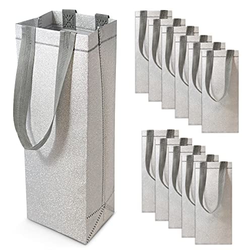 Book Cover Wine Gift Bag - 12 Pack Silver Reusable Wine Bottle Gift Totes with Handles, Glitter Metallic Bling Shimmer for Party Favors, Weddings, House Warming, Holidays, Bachelorette Parties, Bulk - 5x4x14