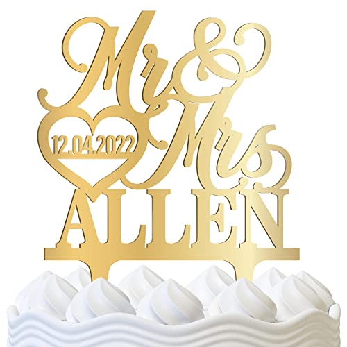 Book Cover Personalized Wedding Cake Topper - Wedding Cake Decoration, Elegant Customized Mr Mrs Wedding Cake Topper, Last Name & Date w/Heart - Mirrored Acrylic