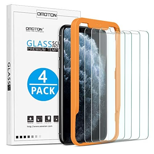 Book Cover [4-Pack] OMOTON Screen Protector for iPhone 11 Pro Max/ iPhone Xs Max, 6.5 inch Tempered Glass/Guide Frame/Easy Installation