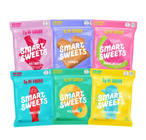Book Cover SmartSweets Variety Pack Sampler, Candy With Low Sugar & Calorie - Sweet Fish, Sourmelon Bites, Peach Rings, Sour Blast Buddies, Red Twists, & New Soft Caramels, (Pack of 6 Individual Flavors)