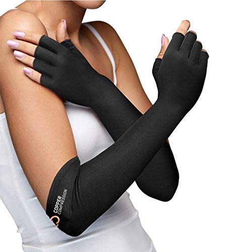 Book Cover Copper Compression Long Arthritis Gloves - Guaranteed Highest Copper Content. Best Copper Infused Extra Long Fit Glove for Women + Men Carpal Tunnel Computer Typing Support Hands Wrist 1 Pair (Small)