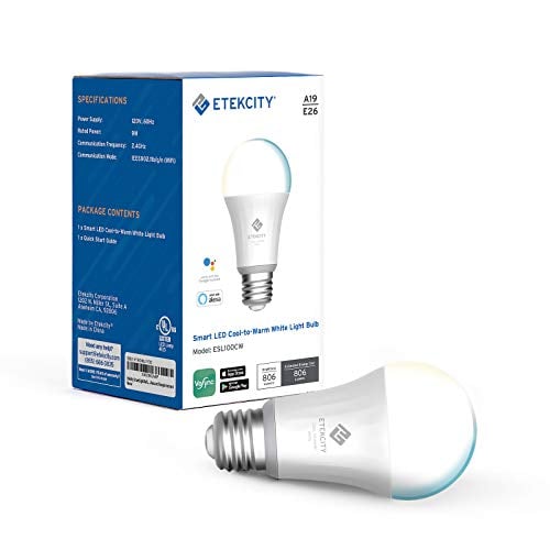 Book Cover Etekcity Smart Light Bulb, Easy Setup WiFi Dimmable and Tunable White LED Bulb, Work with Alexa and Google Home, A19 E26, 60W Equivalent, 806LM, 2700K-6500K, No Hub Required, UL Listed, Tunable 1 Pack