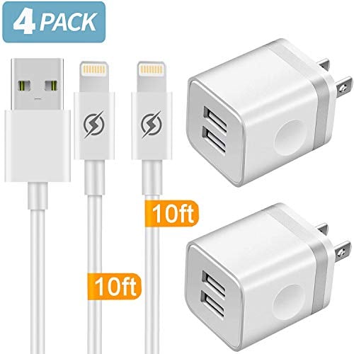 Book Cover Phone Charger 10ft Cable with Wall Plug (4 in 1), YANME 2 Port USB Wall Charger Adapter Block with 10 Feet Long Charging Cord Compatible with Phone Xs/Xs Max/XR/X 8/7/6/6S Plus SE/5S/5C, Pad, Pod