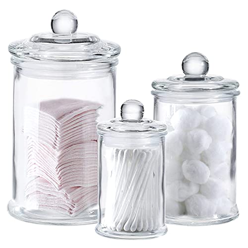 Book Cover Glass Apothecary Jars with Lids - Set of 3 - Small Glass Jars for Bathroom Storage / Qtip Holder / Cotton Swab Holder - Glass Jar with Lid for Laundry Room Storage, Bathroom Canisters, Mason Jar Bathroom Accessories Set - Bathroom Jars for Bath