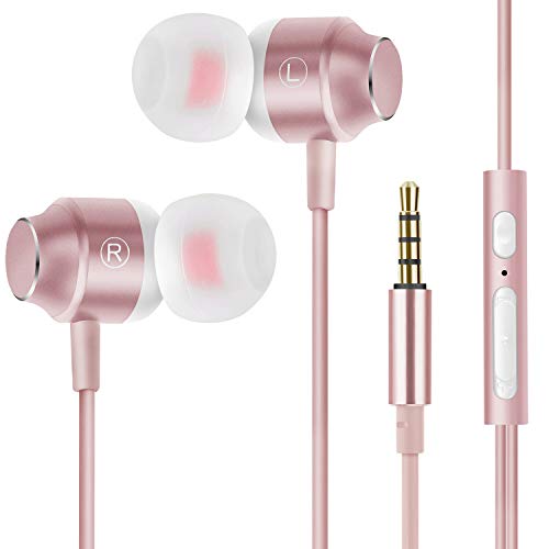 Book Cover Earbuds Ear Buds Earphones Headphones Noise Isolating with Microphone and Volume Control Powerful Bass for iPhone iPod iPad Samsung HTC Tablets Laptop Mp3 Mp4 Players (Rose Gold)