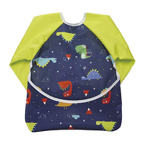 Book Cover Hi Sprout Toddler Baby Waterproof Sleeved Bib, Bib with Sleeves&Pocket, 6-24 Months (Dinosaurs)
