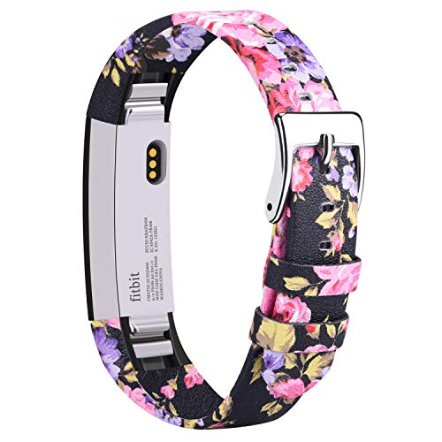 Book Cover Vancle Leather Bands Compatible with Fitbit Alta/Fitbit Alta HR for Women Men, Adjustable Replacement Accessories Strap with Buckle for Fitbit Alta and Fitbit Alta HR (.Floral Pink)