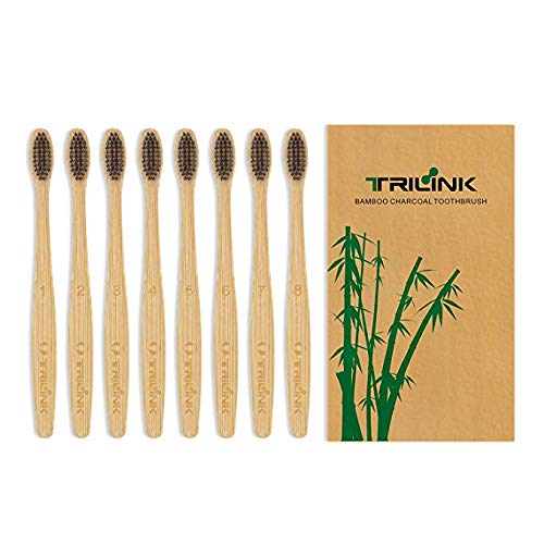 Book Cover TriLink Natural Bamboo Charcoal Toothbrush - 100% Organic, Biodegradable and Eco-Friendly Toothbrush with Extra Slim Soft BPA-Free Bristles for Adult - Pack of 8