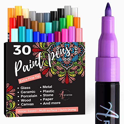 Book Cover Acrylic Paint Pens for Rock, Stone, Pebbles, Ceramic, Glass, Mugs, Wood, Metal, Fabric, Canvas (30 Pack) 28 Assorted Colors + Extra Black & White Paint Markers. Extra Fine Tip 0.7mm.
