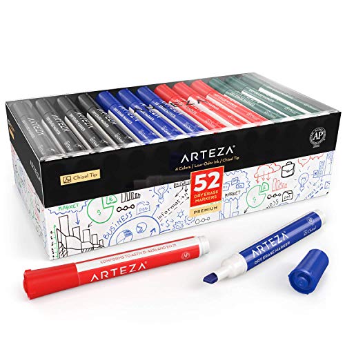 Book Cover ARTEZA Dry Erase Markers, Bulk Pack of 52 (with Chisel Tip), 4 Assorted Colors with Low-Odor Ink, Whiteboard Pens is Perfect for School, Office, or Home