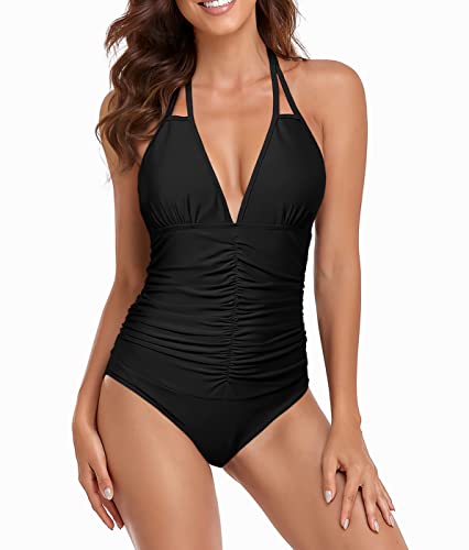 Book Cover Upopby Women's Halter Push up One Piece Swimsuits Backless Monokini Ruched Tummy Control Bathing Suits Plus Size Swimwear