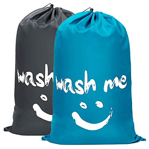 Book Cover WOWLIVE 2 Pack Extra Large Travel Nylon Laundry Bag Set Storage Sturdy Rip-Stop Machine Washable Locking Drawstring Closure Heavy Duty Bag Hamper Liner (Blue and Grey)