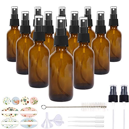 Book Cover 12 Pack, HwaShin 2oz Amber Glass Spray Bottles with Black Fine Mist Sprayers for Essential Oils, Perfumes & Aromatherapy (1 Brush, 2 Funnels, 3 Droppers, 2 Extra Nozzles, 24 Pieces Labels Included)