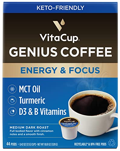 Book Cover Vitacup Genius Keto Coffee Pods with MCT Oil, Turmeric, and Vitamins B1 B5 B6 B9 B12 D3 For Energy and Focus in Recyclable Single Serve Pod Compatible with K-Cup Brewers Including Keurig 2.0, 44 CT