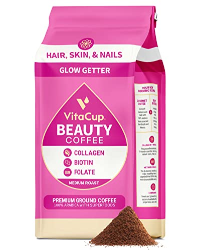 Book Cover VitaCup Beauty Ground Coffee with Collagen, Biotin & B Vitamins for Hair Skin and Nails, Drip Coffee Brewers and French Press, 12 Ounces