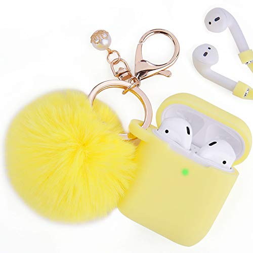 Book Cover Filoto Case for Airpods, Airpod Case Cover for Apple Airpods 2&1 Charging Case, Cute Air Pods Silicone Protective Accessories Cases/Keychain/Pompom/Strap, Best Gift for Girls and Women, Lemon Yellow