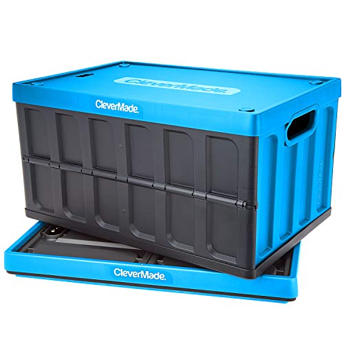 Book Cover CleverMade 62L Collapsible Storage Bins with Lids Folding Plastic Stackable Utility Crates Solid Wall CleverCrates 2 Pack, Neptune Blue