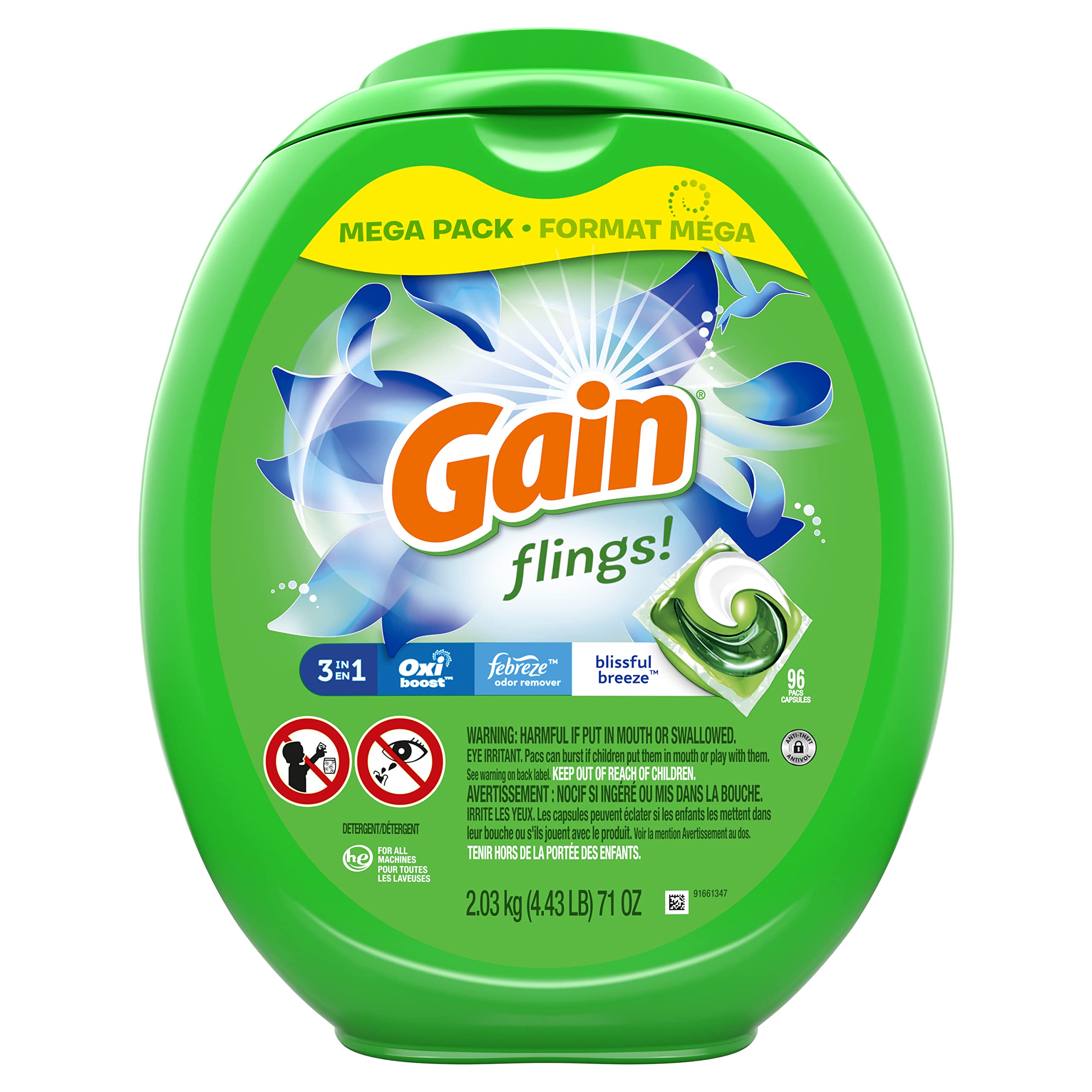 Book Cover Gain flings! Laundry Detergent Soap Pods, High Efficiency (HE), Blissful Breeze Scent, 96 Count