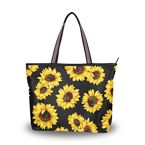Book Cover ZOEO Sunflower Black Large Tote Bags Women Summer Handbags with Zipper Shopper Bag for Mother Day Christmas Gifts for Mom