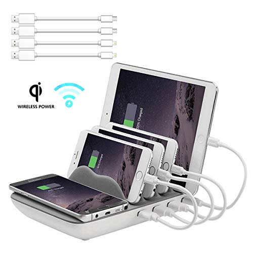 Book Cover Faster Charging Station, Hometall 5-in-1 Multiple Phone Dock Stand with 4 USB Ports (Free 4 Cables) and 1 QI Wireless Charging Pad, Compatible for Samsung, Phones, Pads (Grey)