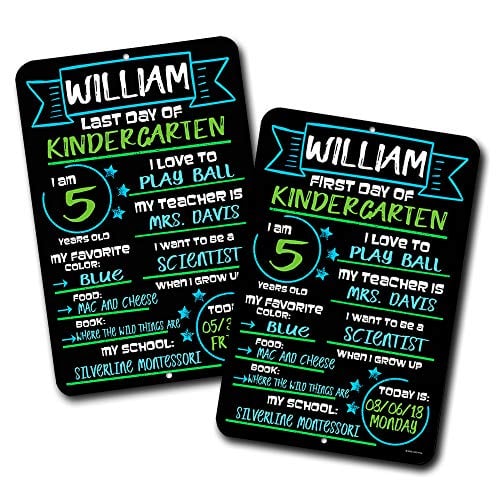 Book Cover First and Last Day of School (Set of 2) Blue and Green Chalkboard Style Photo Prop Tin Signs 12 x 18 inch - Reusable Easy Clean Back to School, Customizable with Liquid Chalk Markers (Not Included)