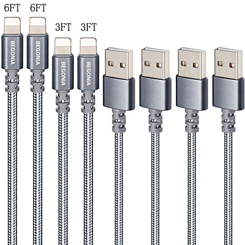 Book Cover iPhone Charger,Begonia 4PACK (3FT,6Ft) Lightning Cable Nylon Braided USB Cable Fast Charging Cable Cord Compatible with iPhone Xs MAX XR X 8 7 6S 6 Plus SE 5S 5C 5,iPad,iPod,and More (Cool Grey)
