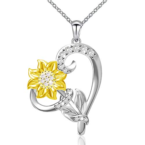 Book Cover 925 Sterling Silver Heart Sunflower Pendant Necklace - You are My Sunshine Jewelry Gift for Women Girls