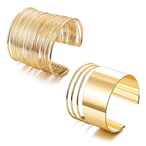Book Cover Besteel 2 Pcs Cuff Bangle Bracelet Set for Women Open Wide Wire Bracelets Adjustable Gold Sliver-Tone Plated