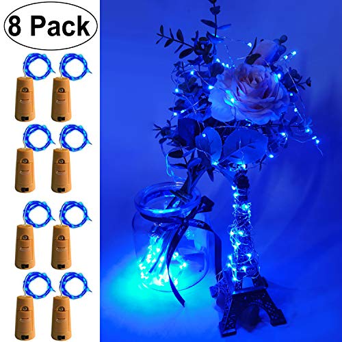 Book Cover Wine Bottle Lights with Cork, 8 Pack 15LED Starry Fairy Lights Battery Operated, Silver Copper Wire String Lights for Party Christmas Decoration Halloween Wedding - Blue