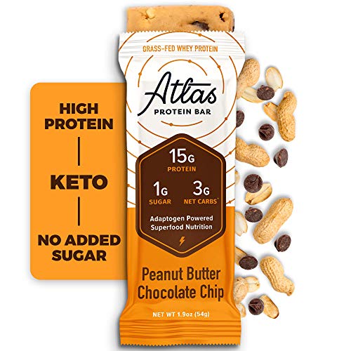Book Cover Atlas Bar - Keto Protein Bars, Peanut Butter Chocolate Chip - High Protein, Low Sugar, Low Carb, Grass Fed Whey, Healthy Protein, Gluten Free, Soy Free (10-pack)