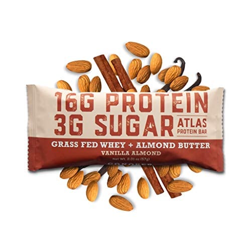 Book Cover Atlas Protein Bar - Keto Friendly, Vanilla Almond (10-Pack) - Grass Fed Whey, Low Sugar, Clean Ingredients, All Natural, Gluten Free, Soy Free, and GMO Free