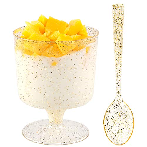 Book Cover WDF 96PACK 7oz Gold Glitter Medium Large Plastic Dessert Cups With Spoons-48 Disposable Appetizer Cups |Wine Goblet Glasses & 48 Gold Glitter Tasting Spoons