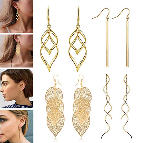 Book Cover FAUOI 18K Gold Silver Plated Dangle Earrings Set Simple Long Bar Drop Double Twist Wave Threader Drop Earrings for Women Fashion(4~9PCS)