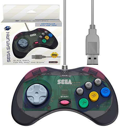 Book Cover Retro-Bit Official Sega Saturn USB Controller Pad for Sega Genesis Mini, PC, Mac, Steam, RetroPie, Raspberry Pi - USB Port - Slate Grey