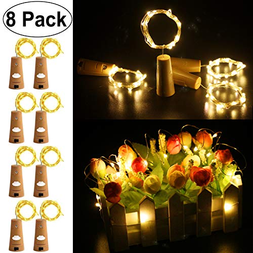 Book Cover Wine Bottle Lights with Cork, 8 Pack 15LED Starry Fairy Lights Battery Operated, Silver Copper Wire String Lights for Party Christmas Decoration Halloween Wedding - Warm White