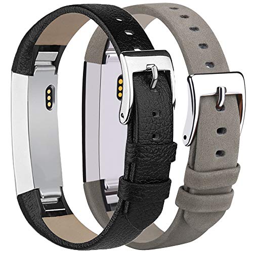 Book Cover Tobfit for Fitbit Alta HR Bands/Fitbit Alta Leather Bands (2 Pack), Genuine Leather Replacement Bands with Stainless Steel Buckle for Fitbit Alta HR and Alta (Black+Suede Grey, 5.5''-8.1'')