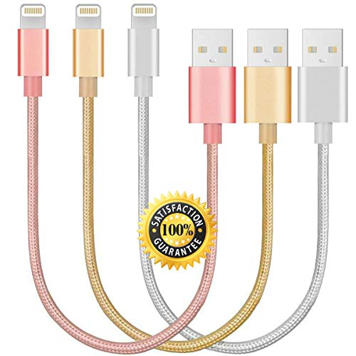 Book Cover CableCord Short Nylon Braided USB Lightning Charging Cable/Data USB Compatible for iPhoneX Case /8/8 Plus/7/7 Plus/6/6s Plus,iPad Mini- Silver, Gold, Pink, 8-inch, 3-Pack