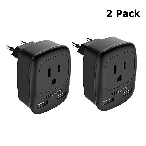 Book Cover European Plug Adapter 2 Pack, TESSAN USA to Most of Europe Travel Power Plug Adapter with 2 USB Charging Ports - 3 in 1 Type C Europlug US to EU Italy Spain Greece Outlet Adaptor