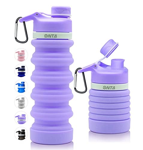 Book Cover ONTA Collapsible Water Bottle- BPA Free Silicone Foldable Water Bottle for Travel,Silicone Portable Leak-Proof Travel Water Bottle 20oz, purple