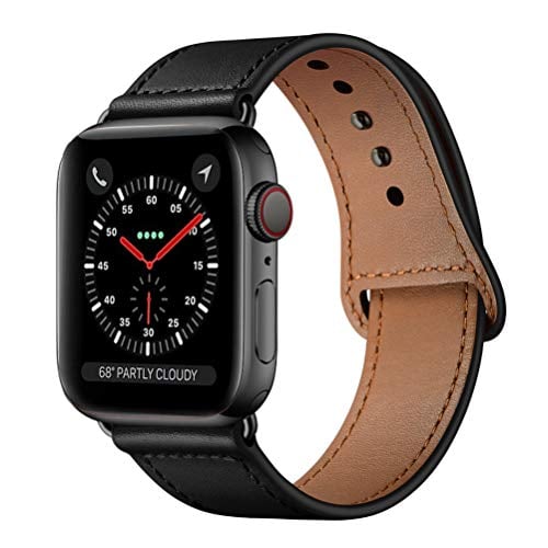 Book Cover KYISGOS Compatible with iWatch Band 44mm 42mm, Genuine Leather Replacement Band Strap Compatible with Apple Watch Series 4 Series 3 Series 2 Series 1 42mm 44mm, Black