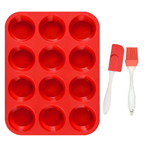 Book Cover Silicone Muffin Pan Reusable Top,12-Cup cake molds Nonstick Baking Muffins Molds, Cupcake Pans for Bakeware Breads Desserts (Red/Silicone scraper free)