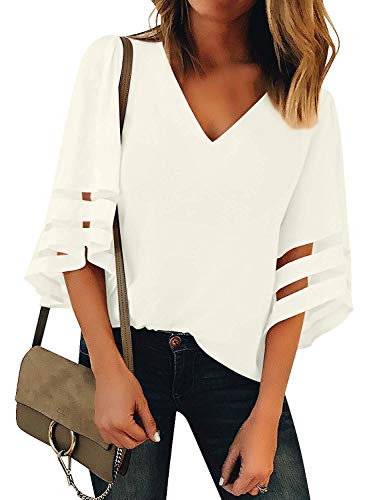 Book Cover Minclouse Women's 3/4 Bell Sleeve Mesh Blouses Strappy V Neck Loose Shirts Patchwork Tops