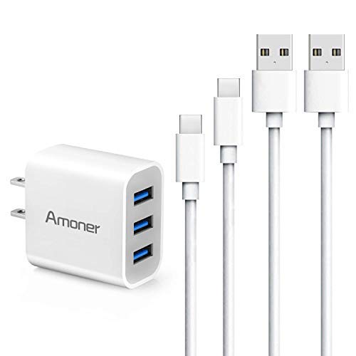 Book Cover Amoner Wall Charger, USB Type C Cable 3ft/6ft 15W 3-Port Compact Wall Charger with USB C Cord for Samsung Galaxy S10/S9/S9+/S8/S8+, Note 9/8, Google Pixel 3 2 XL, LG V30/V20, More