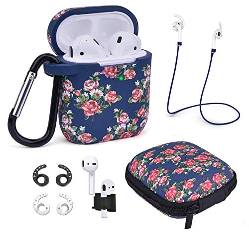 Book Cover Airpods Case - Airspo 7 in 1 Airpods Accessories Set Compatible with Airpods 1 & 2 Protective Silicone Cover Floral Print Cute Case (Navy+Rose)